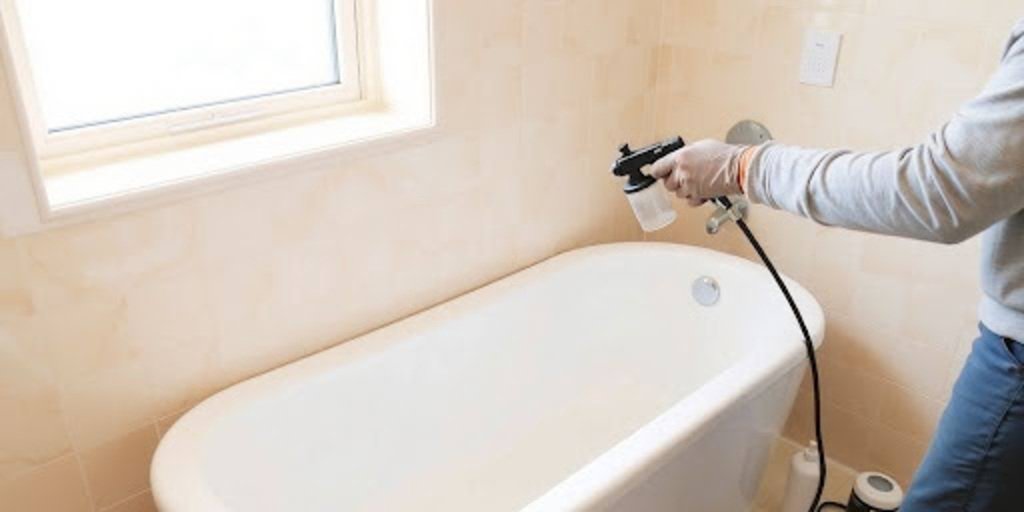 technician spraying glossy finish inside white in modern bathroom 